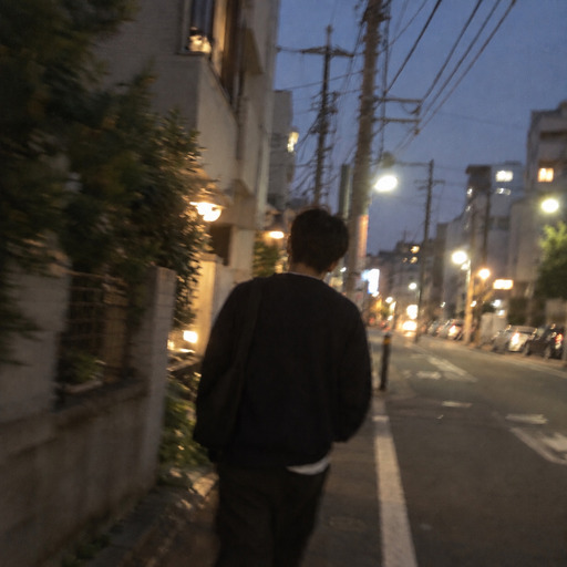 夜道を歩くアキの後ろ姿